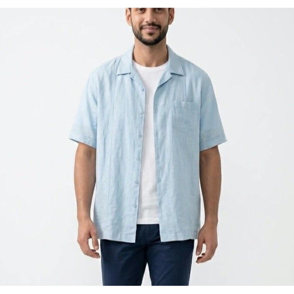 MENS BUTTON UP LINEN COTTON SHIRT BLUE XL SHORT SLEEVE CAFE LUNA LIGHT